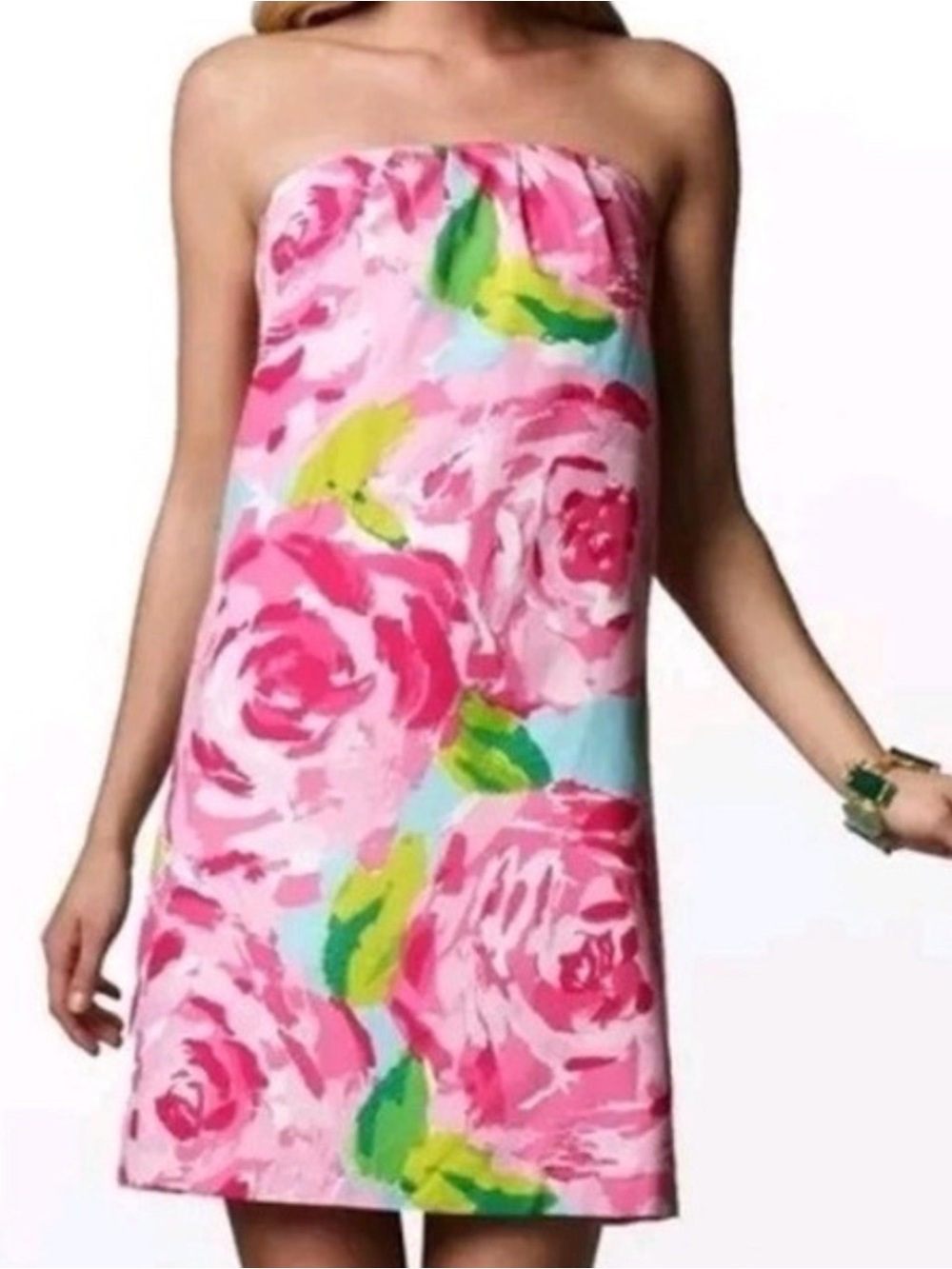 Lilly Pulitzer Pink and Green Floral Strapless Dress